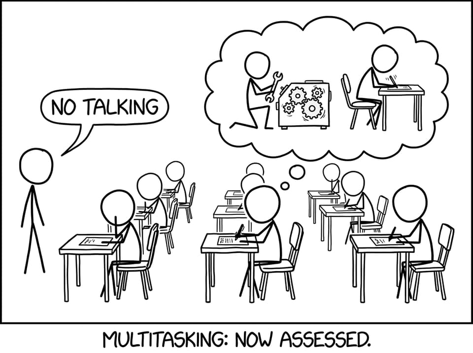 Exam hall where the brain tries to do two jobs