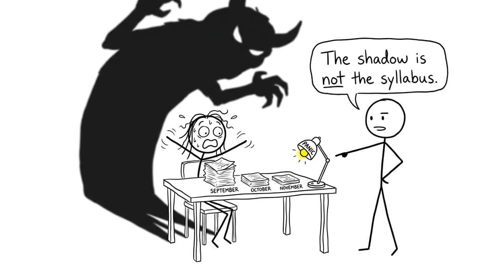 Comic showing that panic can make a small September workload cast a much larger shadow