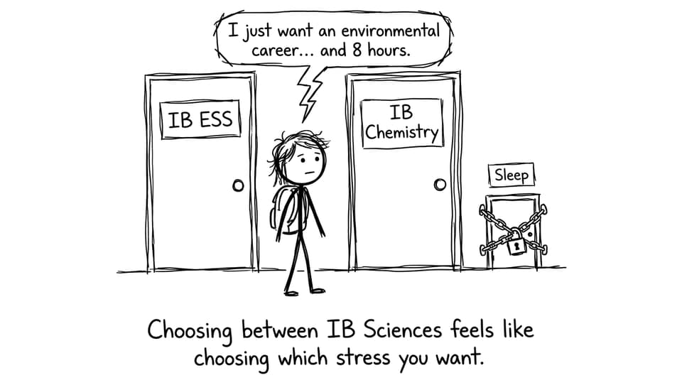 IB student choosing doors: ESS, Chemistry, Sleep