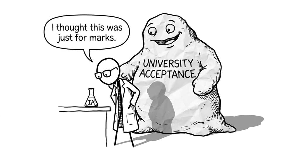An IB student stares at a tiny beaker labeled IA while a giant acceptance letter looms behind