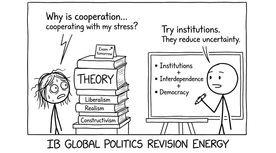 An IB student faces theory books with an exam tomorrow joke