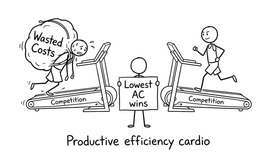 Stick-figure firms running on treadmills labeled Competition and Wasted Costs