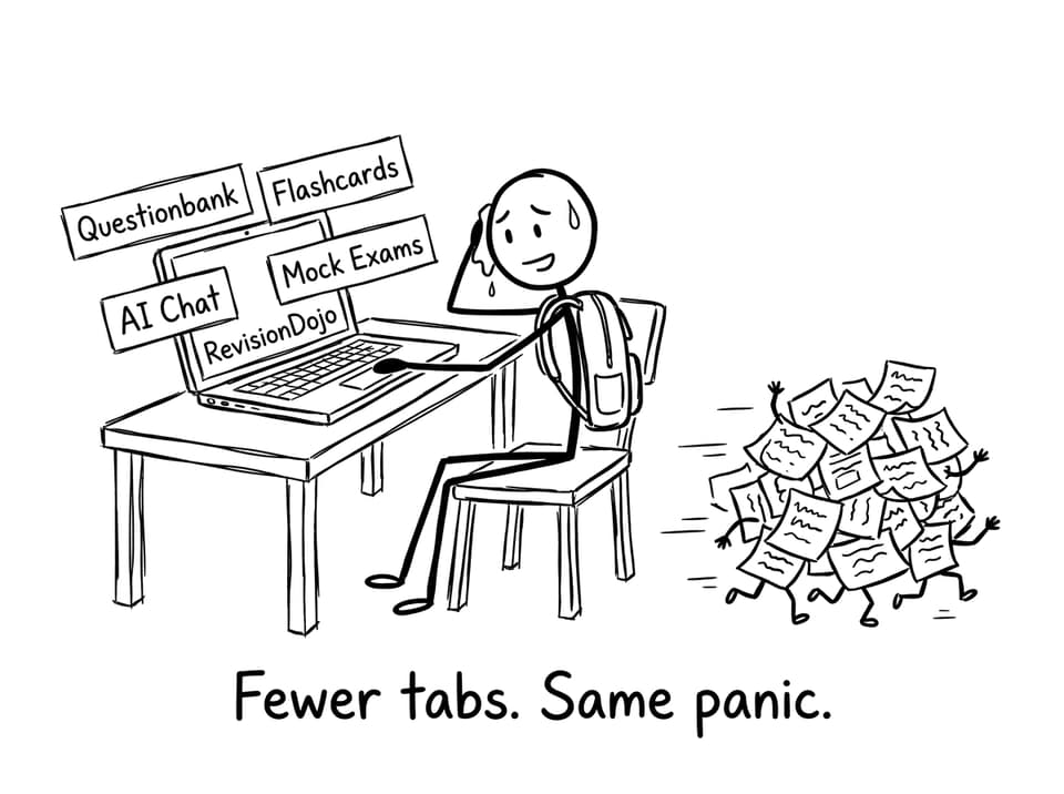 RevisionDojo laptop and sticky notes running away