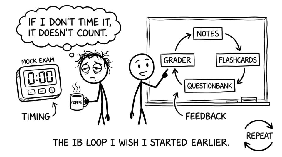 Sleepy student, timer “Mock Exam”, loop diagram “Notes -> Flashcards -> Questionbank -> Grader”