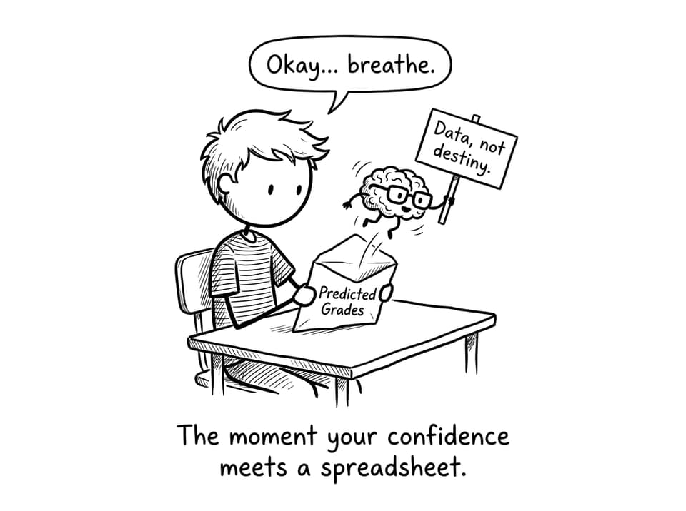 A student opens an envelope labeled Predicted Grades as a tiny brain says Data, not destiny.