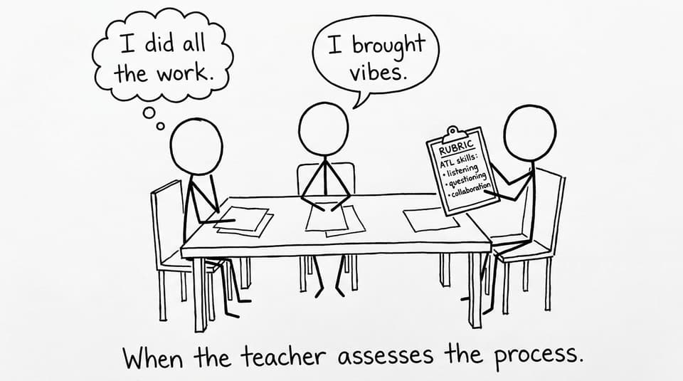 Group work where one student claims “I did all the work,” another says “I brought vibes,” and a third holds an ATL-only rubric.