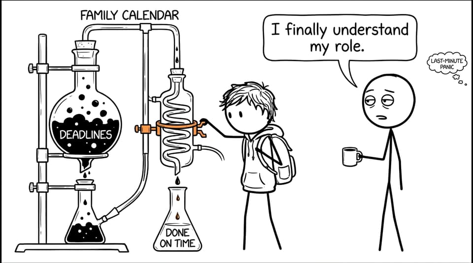 A family calendar turns deadlines into a chemistry apparatus