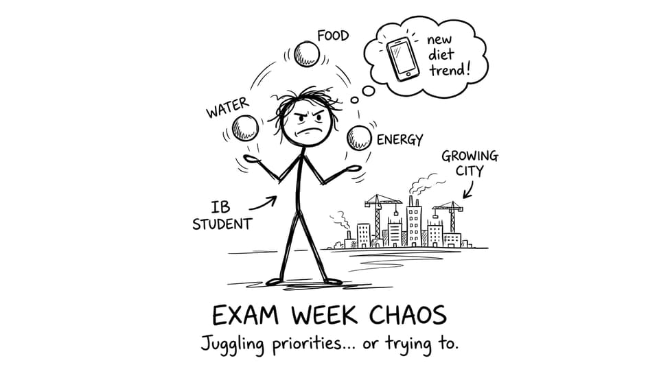 IB student juggling water food energy