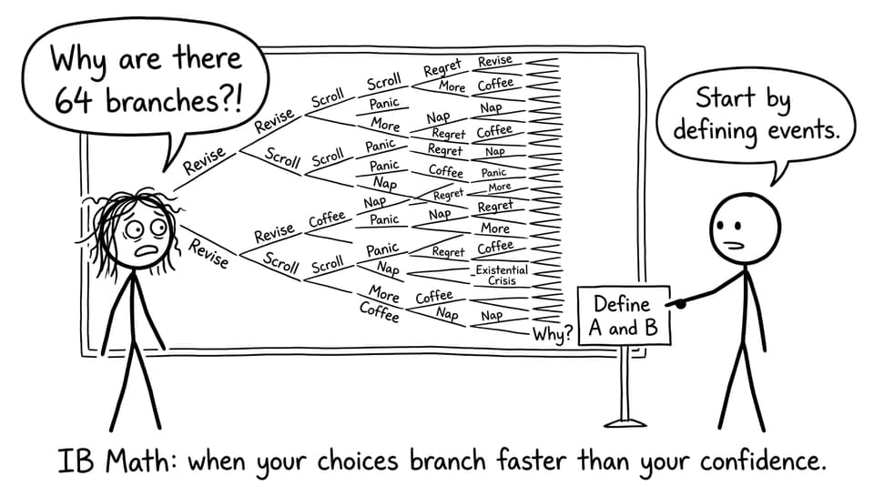 A branching probability tree joke about choices and confidence