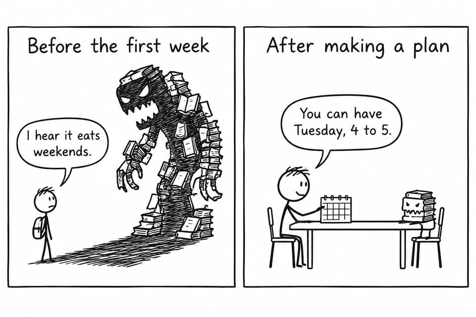A student calmly schedules study time with a once-frightening book monster