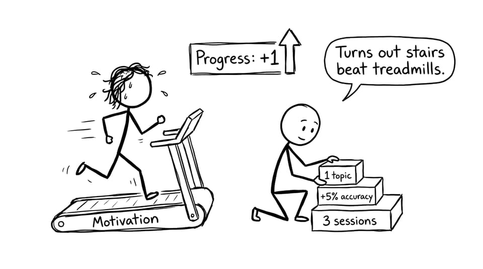 Two students: one running on a Motivation treadmill, the other building micro-win stairs
