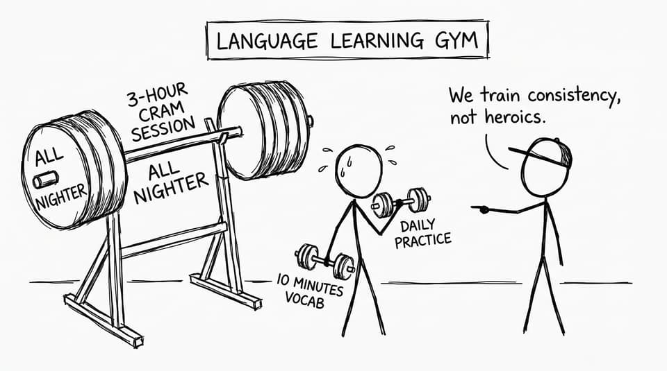Language learning gym: tiny daily lifts vs huge cram