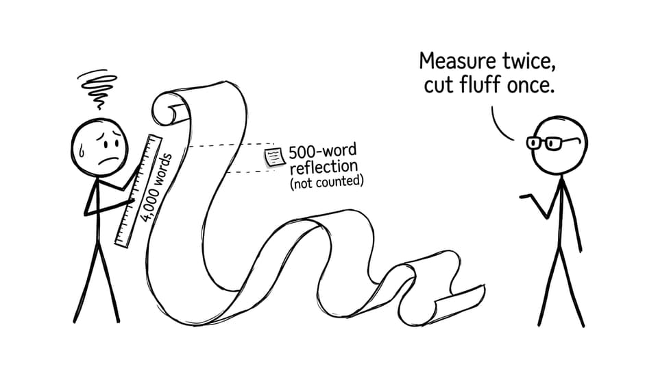 A stick figure measures a scroll labeled 4,000 words while a tiny sticky note says 500-word reflection (not counted)