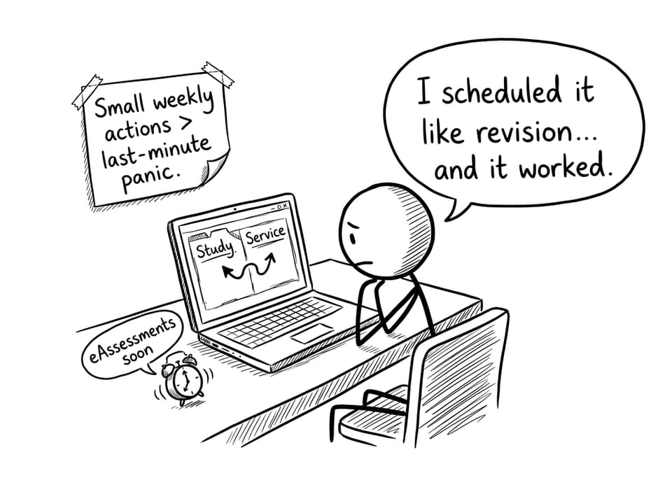 Comic about scheduling study and service