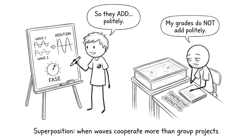 Two students and a ripple tank joke about superposition
