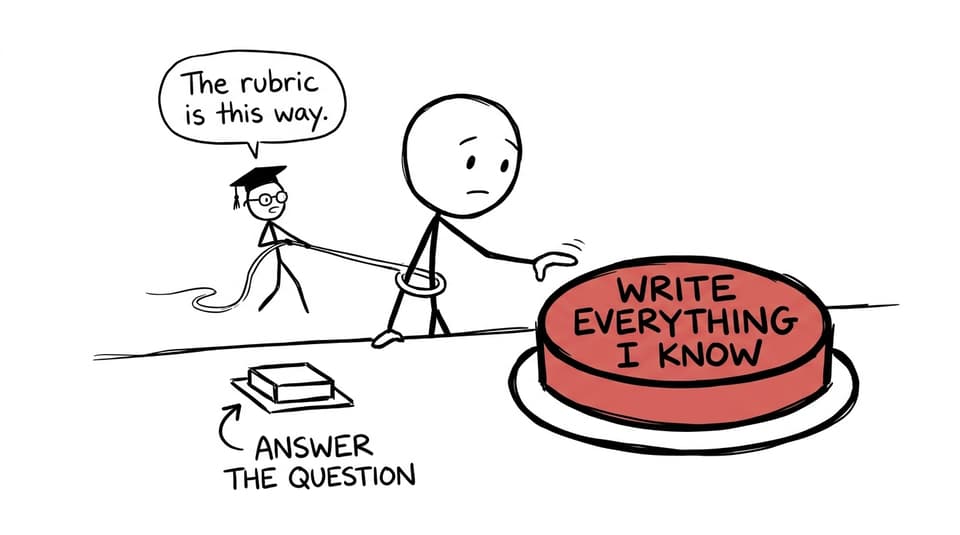 Comic of a student choosing between answering the question and writing everything they know