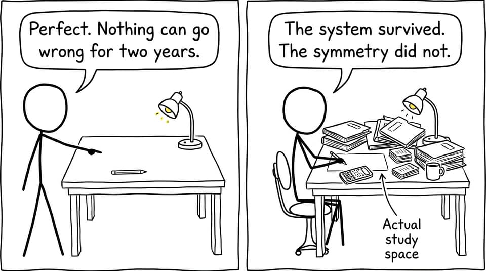 Comic showing an IB student's pristine September desk becoming a practical November workspace