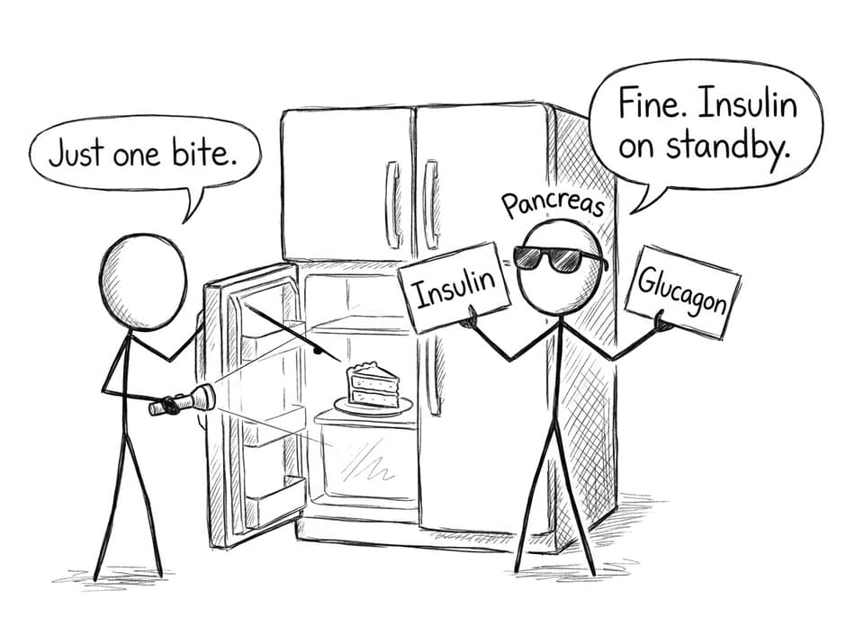 A “pancreas bouncer” deciding between insulin and glucagon in the fridge at night
