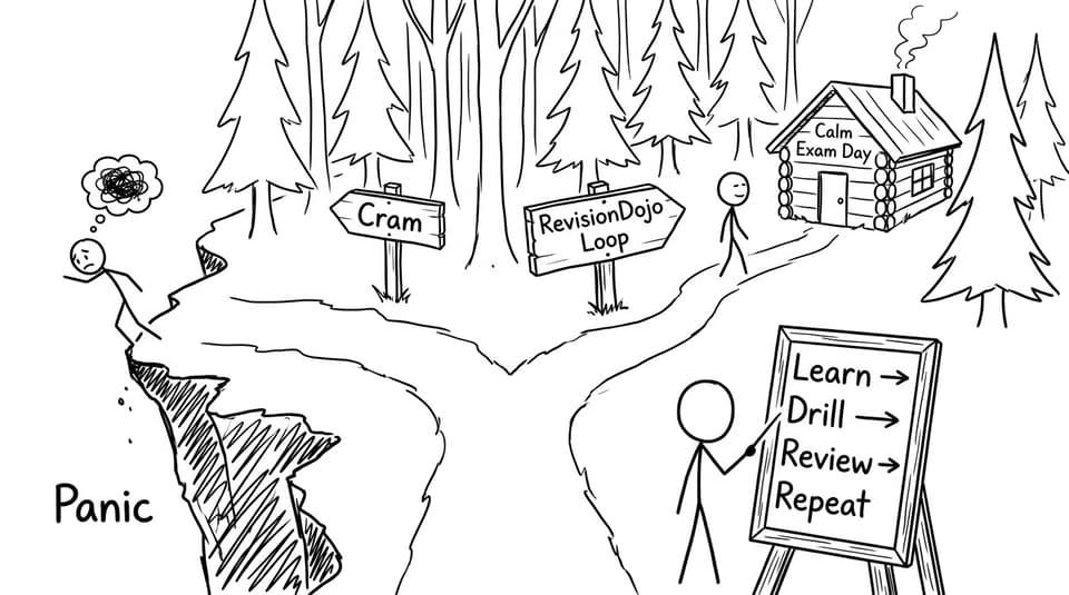 Two paths: Cram to Panic vs RevisionDojo Loop to Calm Exam Day