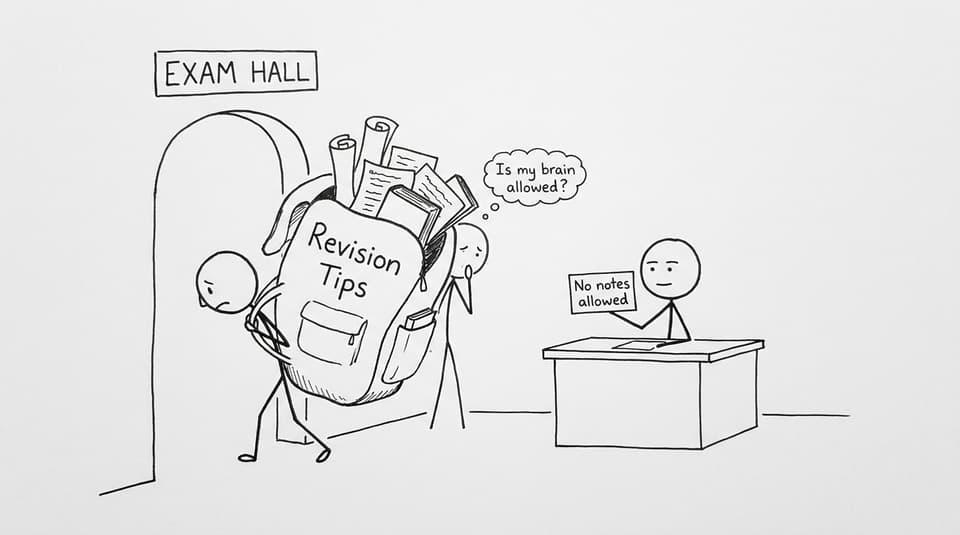 Student with huge backpack labeled Revision Tips