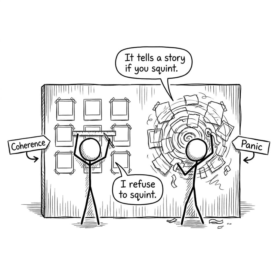 Comic about exhibition coherence vs panic