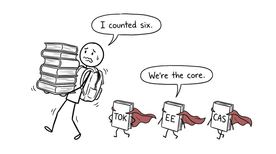 Six books are unexpectedly followed by the three caped IB core components