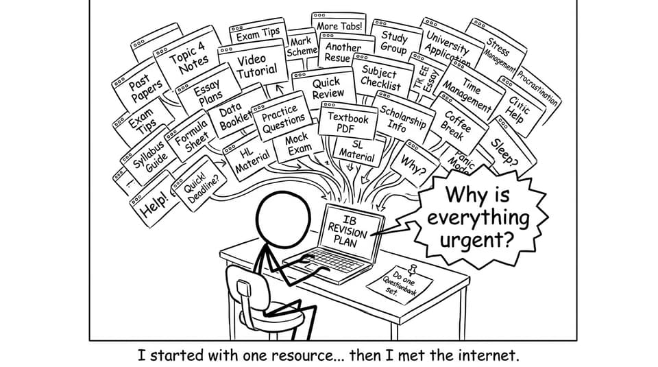 Student with too many tabs and one sane sticky note