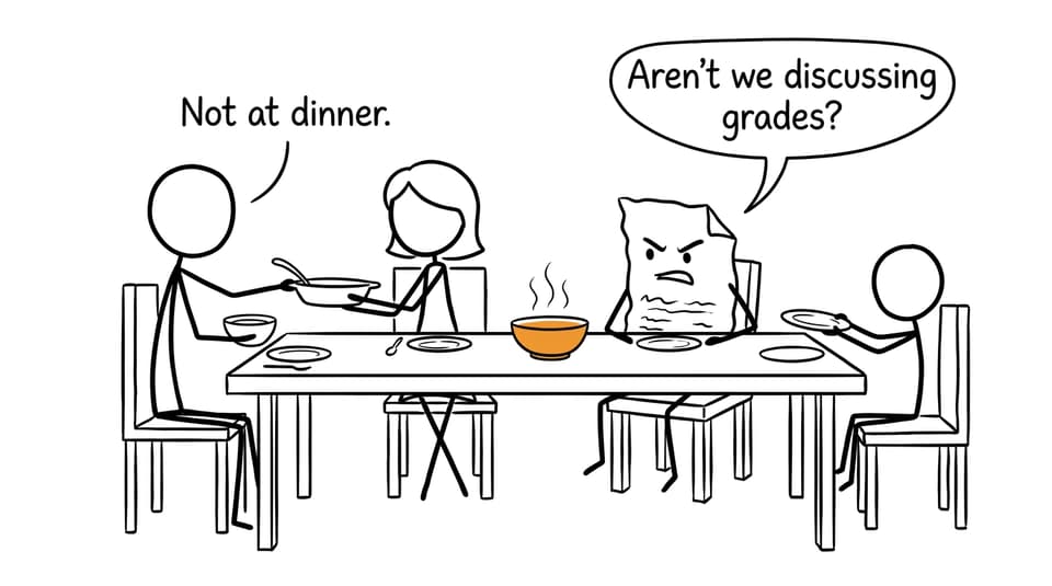 An exam paper is offended because nobody discusses grades at dinner