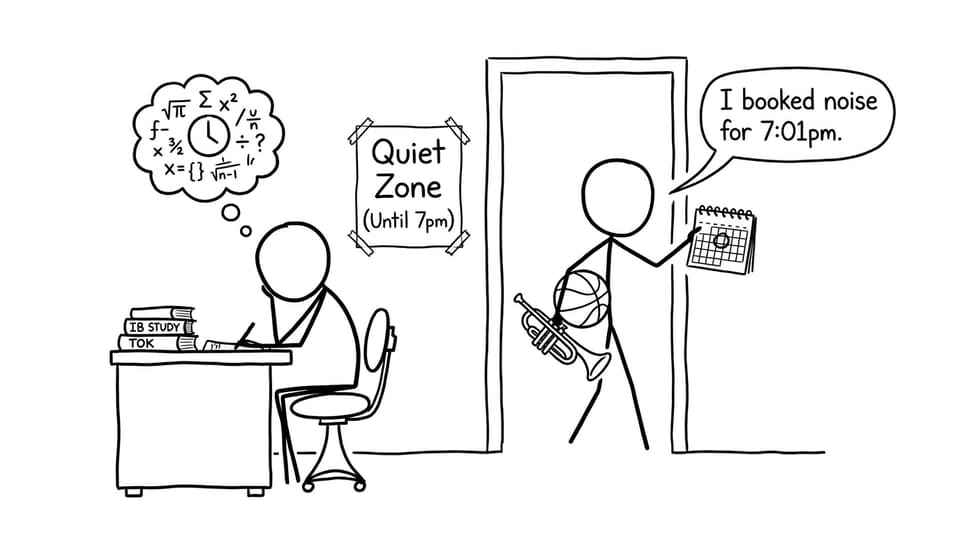 Sibling “books noise for 7:01pm” outside quiet zone