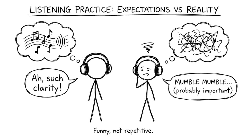 Two students with headphones: clear audio vs “mumble mumble”