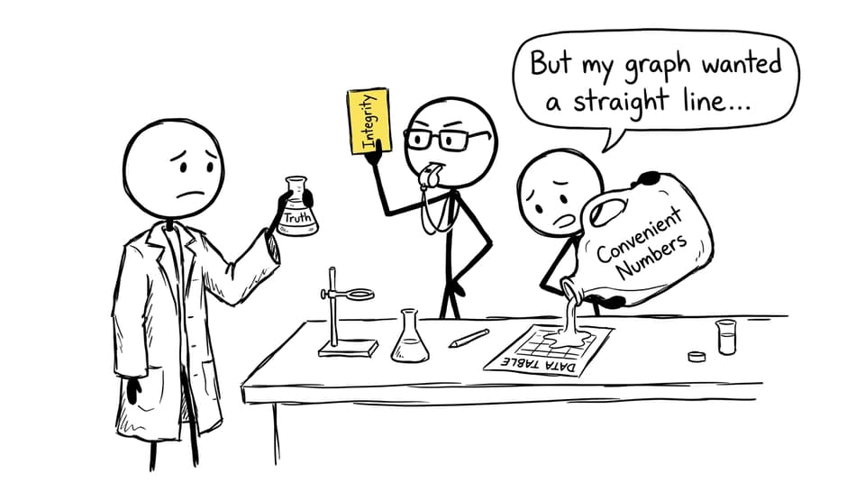 A student tries to pour "Convenient Numbers" into the data table while holding a beaker labeled "Truth" and the teacher holds up an "Integrity" card