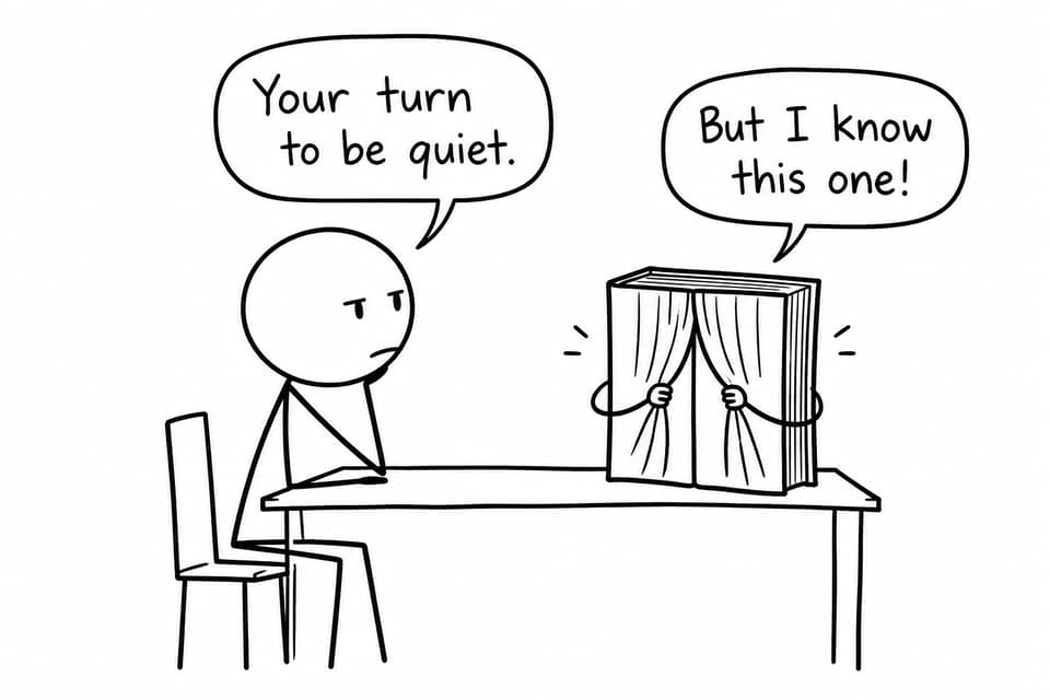 A student asks a talking textbook to stay quiet during a recall attempt