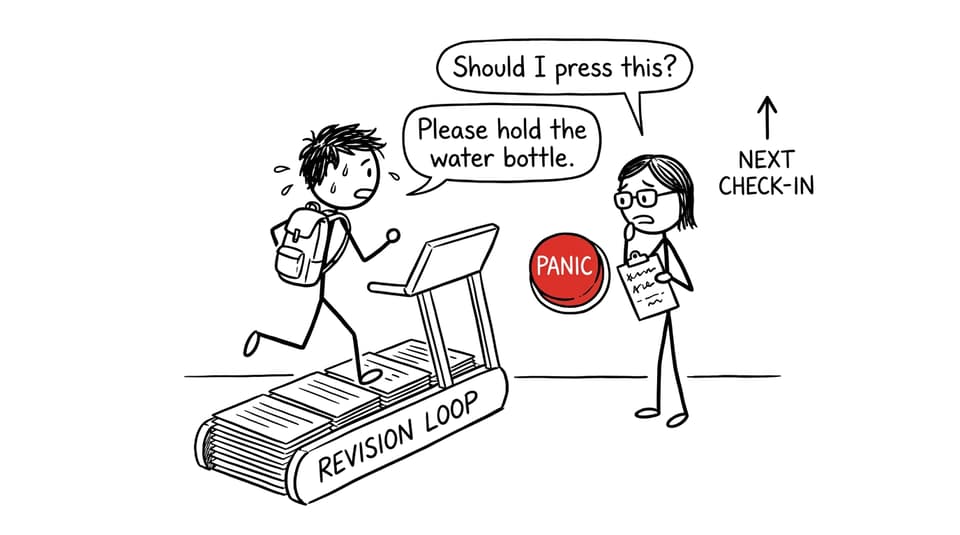 A parent considers pressing a panic button while the student asks for practical support