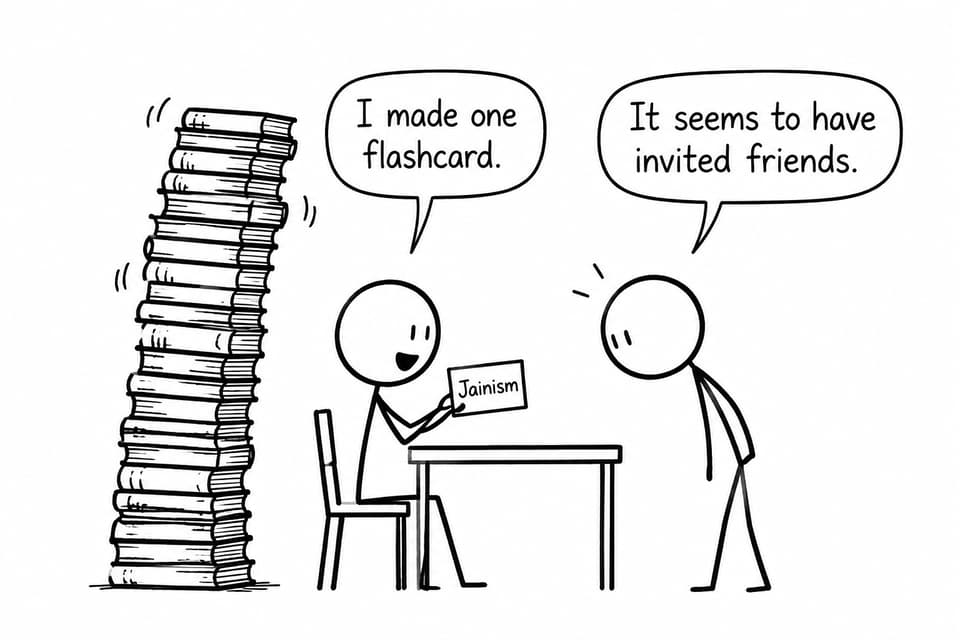 A student holds a small Jainism flashcard beside a comically large stack of books while another student reacts