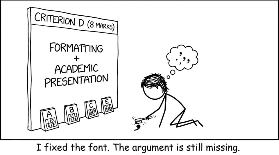 Criterion D tower over student polishing commas