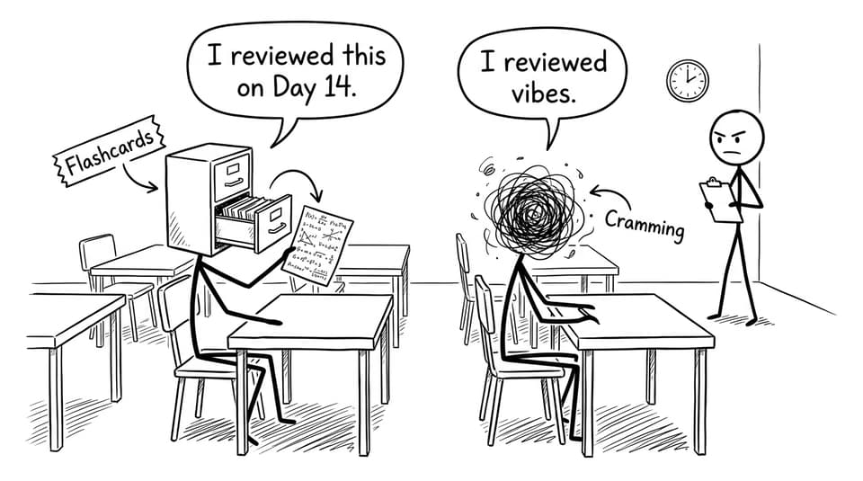 Comic: exam hall brain filing cabinet vs cramming tumbleweed