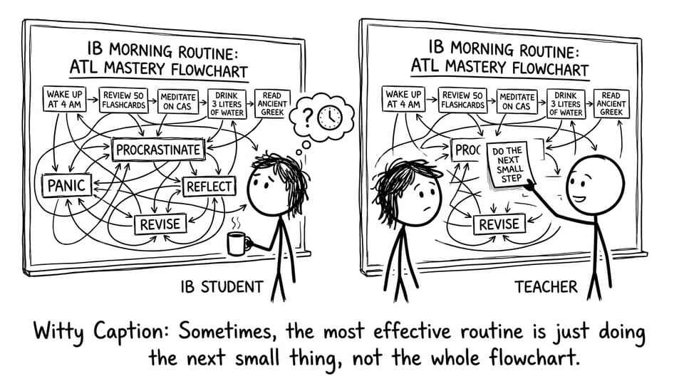 A student builds an absurd ATL routine flowchart, then a teacher replaces it with a sticky note that says “Do the next small step.”