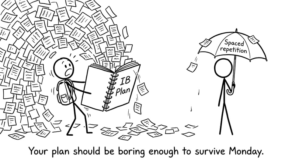 A student opens an “IB Plan” and sticky notes avalanche out while another holds an umbrella labeled “Spaced repetition”.
