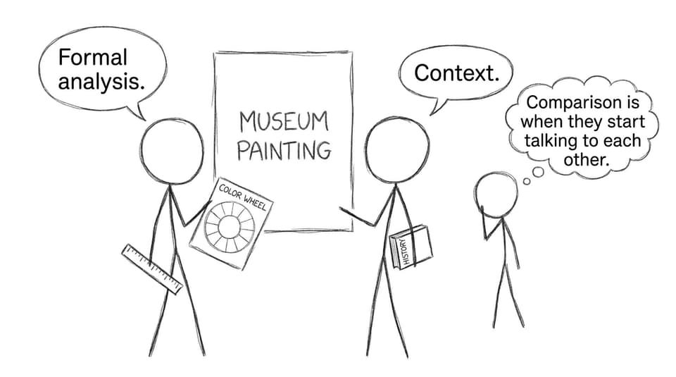 Two students debate: one holds a ruler and color wheel labeled Formal analysis, the other holds a history book labeled Context