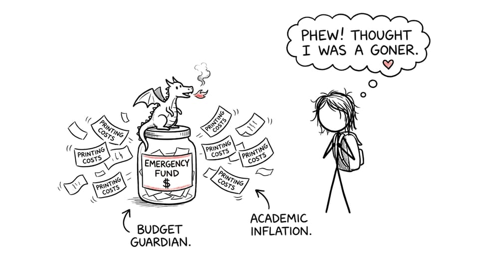 A tiny dragon guards an emergency fund jar from printing costs