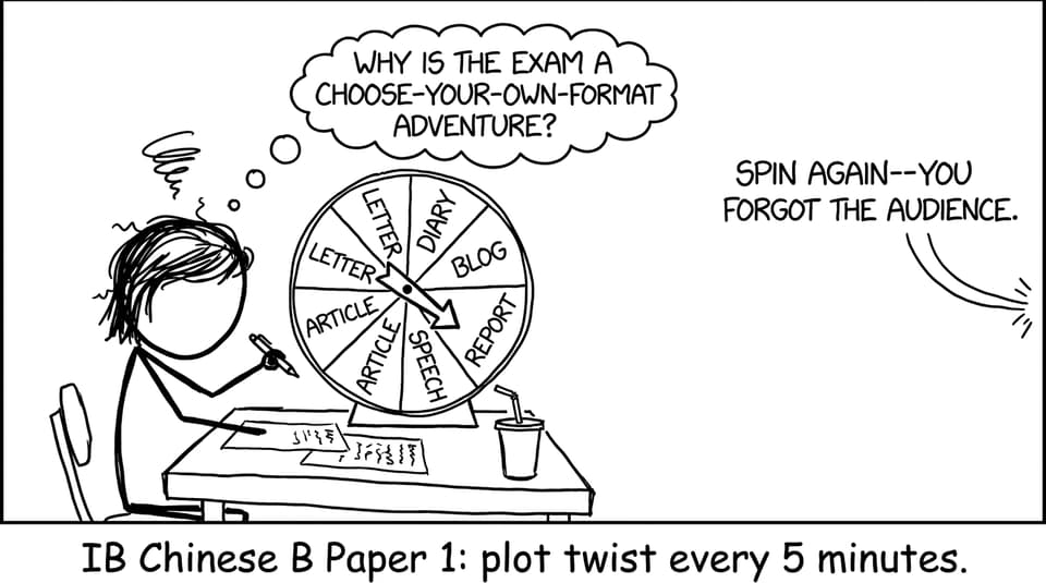 A stressed student spins a text type wheel