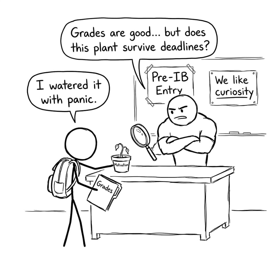 A funny comic about pre-IB admissions looking at grades and motivation