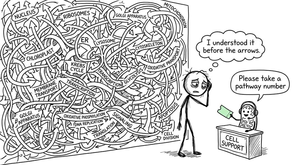 An IB Biology student seeking support from a mitochondrion