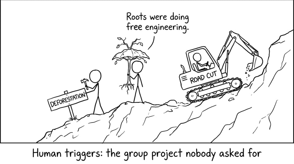 Comic: human triggers on a hill