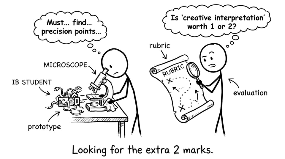 Stick figure polishing prototype while examiner holds rubric map