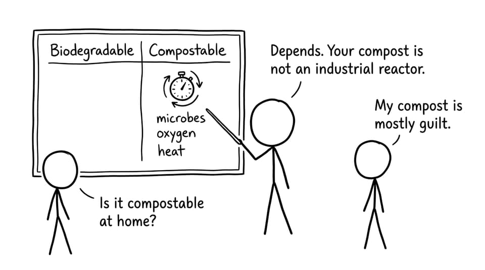 Teacher contrasts biodegradable vs compostable with a stopwatch