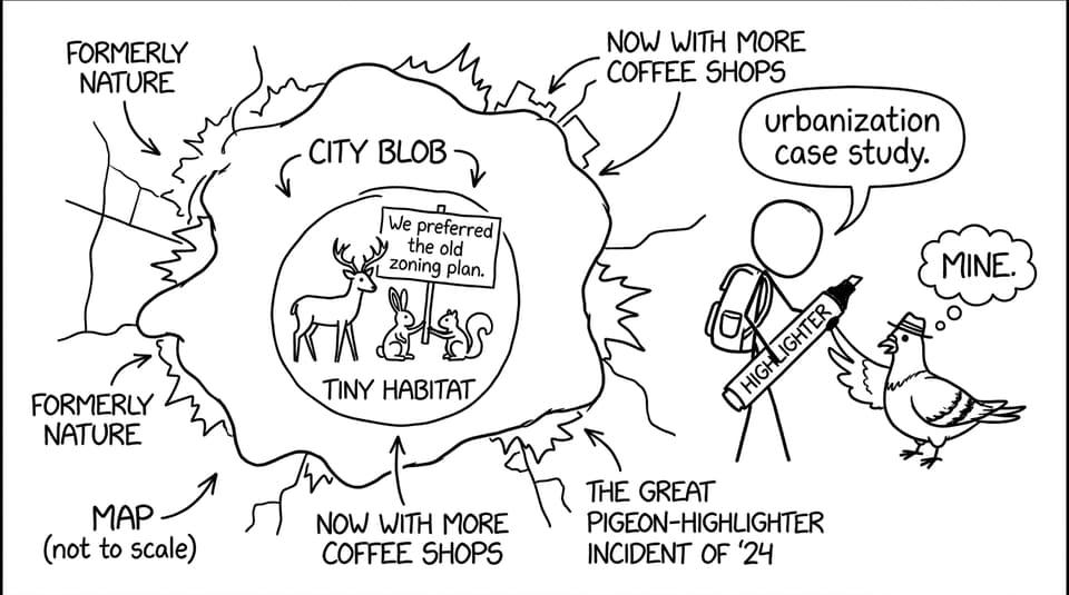 A city blob expands on a map while animals hold a zoning protest sign