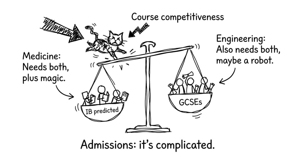 Admissions scale wobbling with a cat labeled course competitiveness