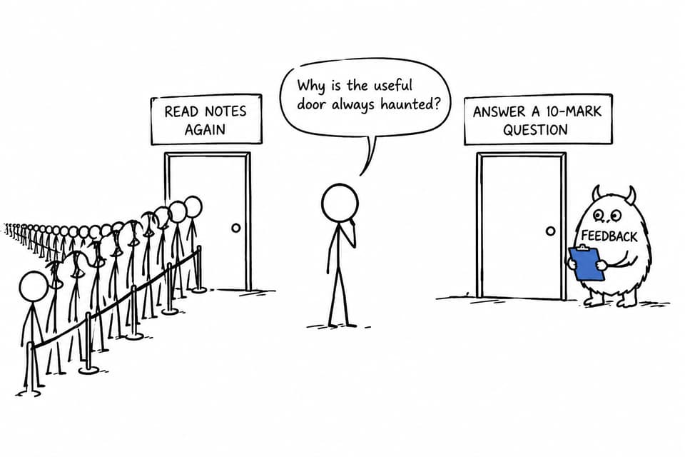 A student choosing between rereading notes and answering a demanding question while feedback waits with a clipboard