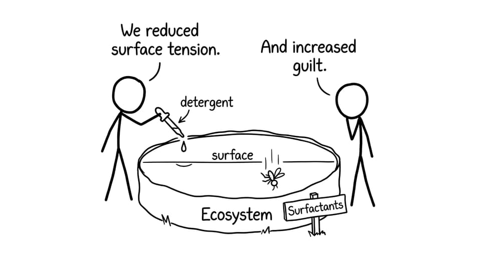 Detergent drop reduces surface tension and increases guilt